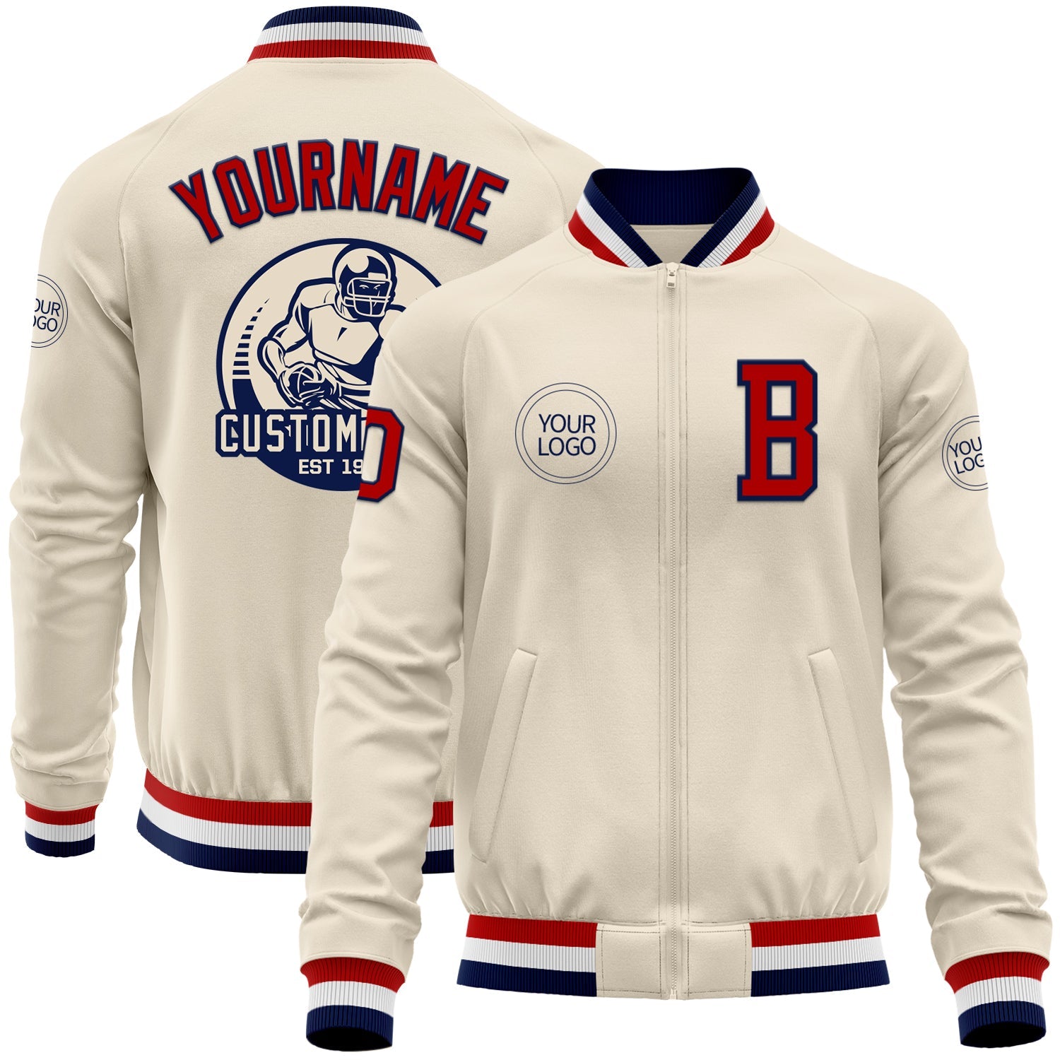 Custom Cream Red Navy-White Bomber Varsity Letterman Zipper Jacket - Main View