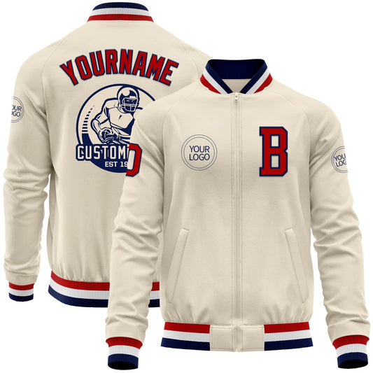 Custom Cream Red Navy-White Bomber Varsity Letterman Zipper Jacket - Main View