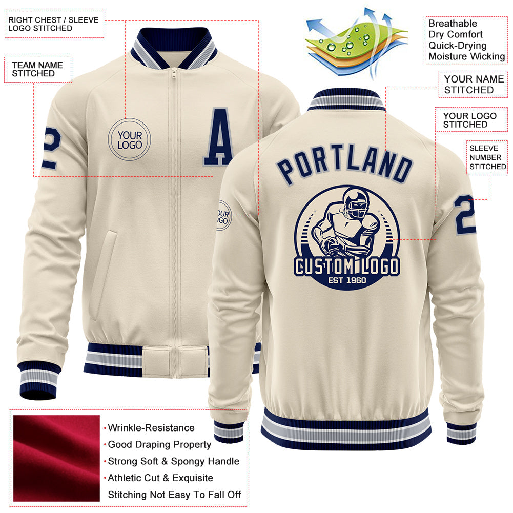 Custom Cream Navy Gray-White Bomber Varsity Letterman Zipper Jacket view 4