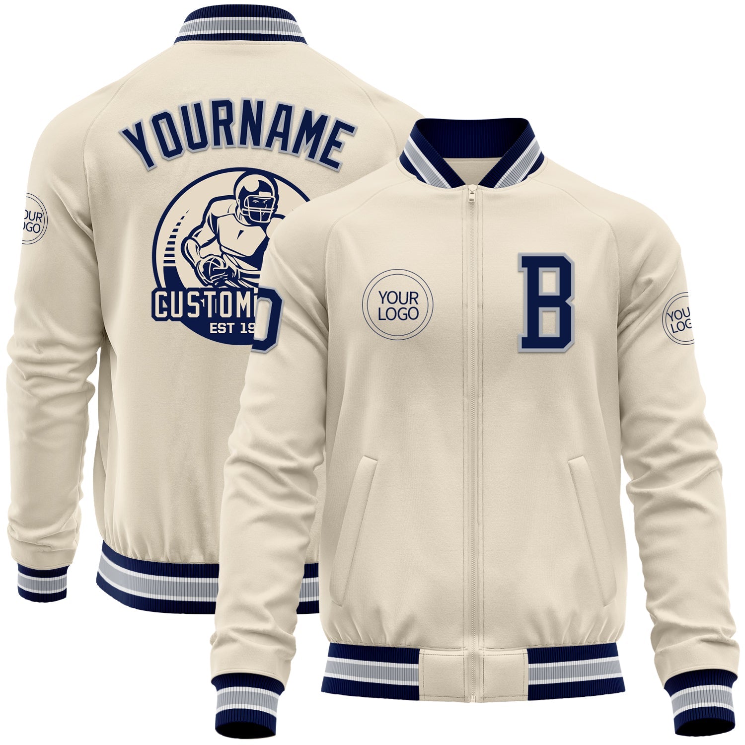 Custom Cream Navy Gray-White Bomber Varsity Letterman Zipper Jacket - Main View