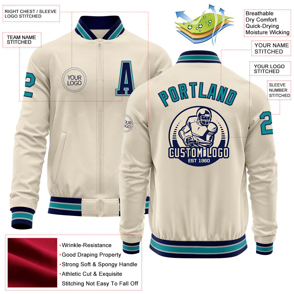Custom Cream Teal Navy-Gray Bomber Varsity Letterman Zipper Jacket view 4