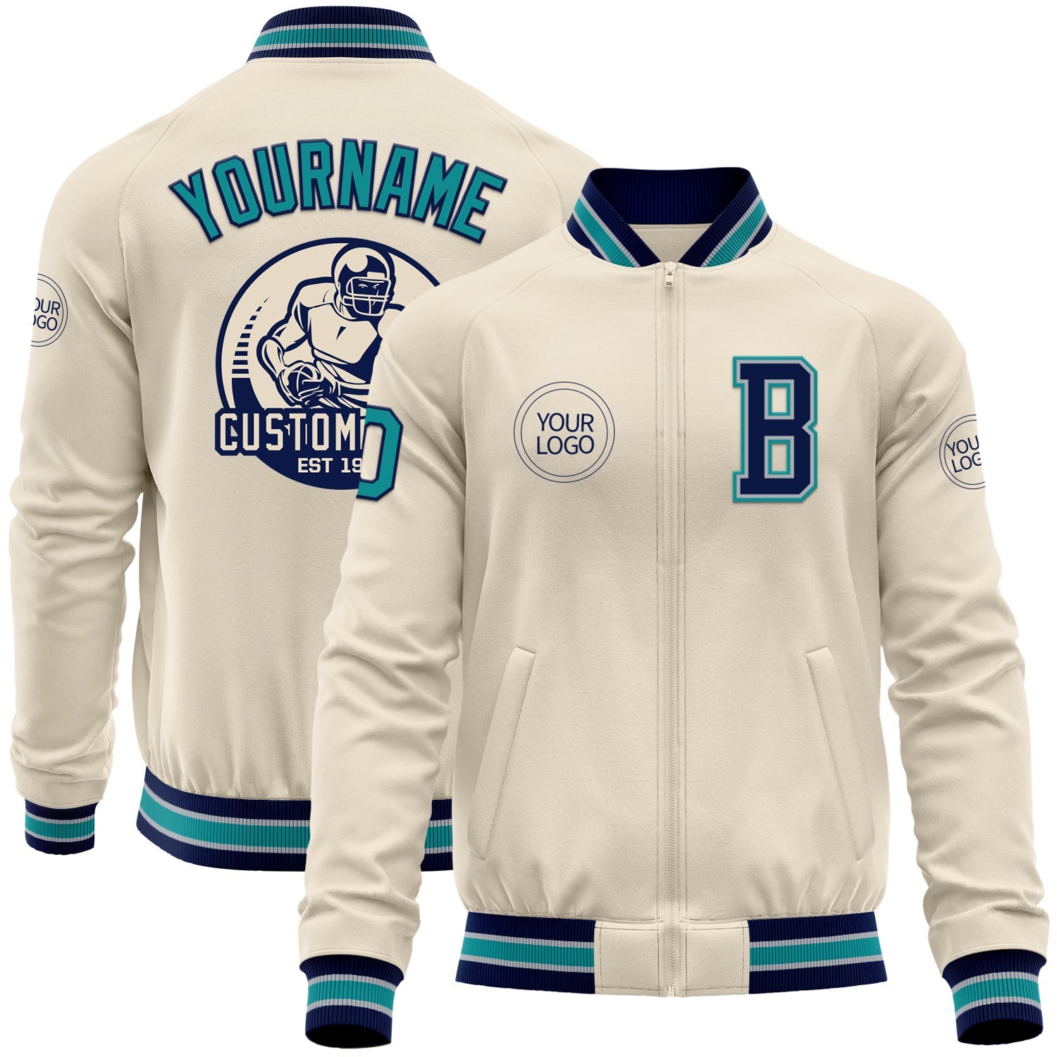 Custom Cream Teal Navy-Gray Bomber Varsity Letterman Zipper Jacket - Main View