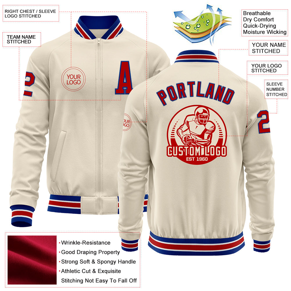 Custom Cream Red Royal-White Bomber Varsity Letterman Zipper Jacket view 4