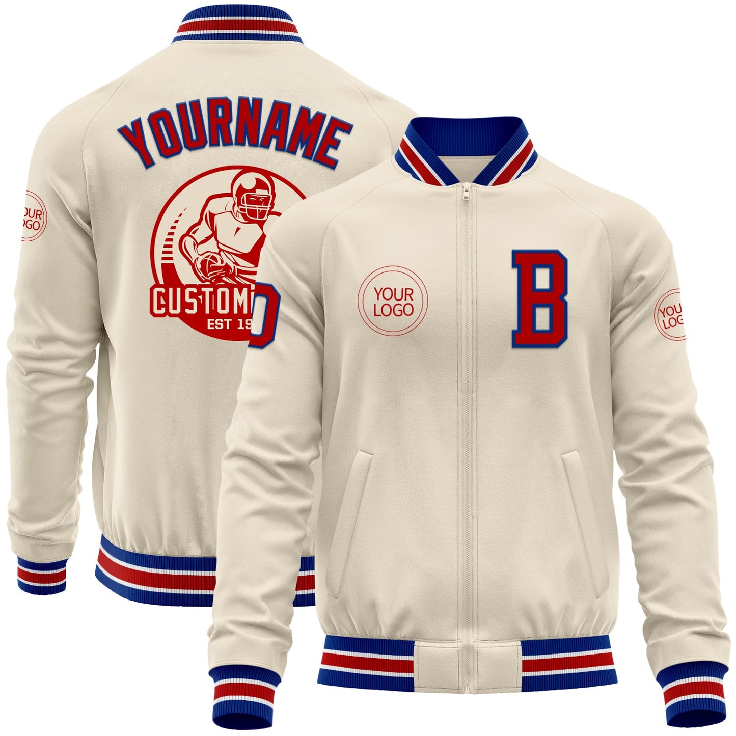 Custom Cream Red Royal-White Bomber Varsity Letterman Zipper Jacket - Main View