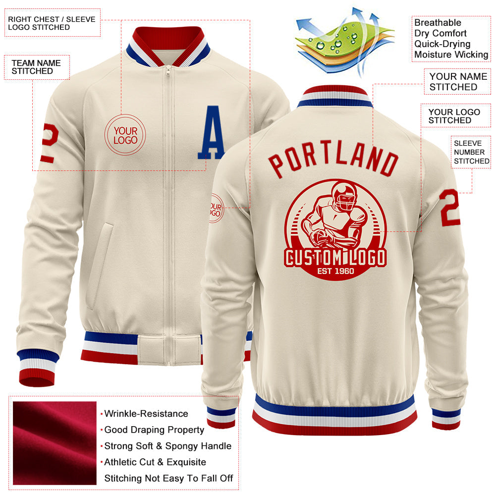 Custom Cream Red Royal-White Bomber Varsity Letterman Zipper Jacket view 4