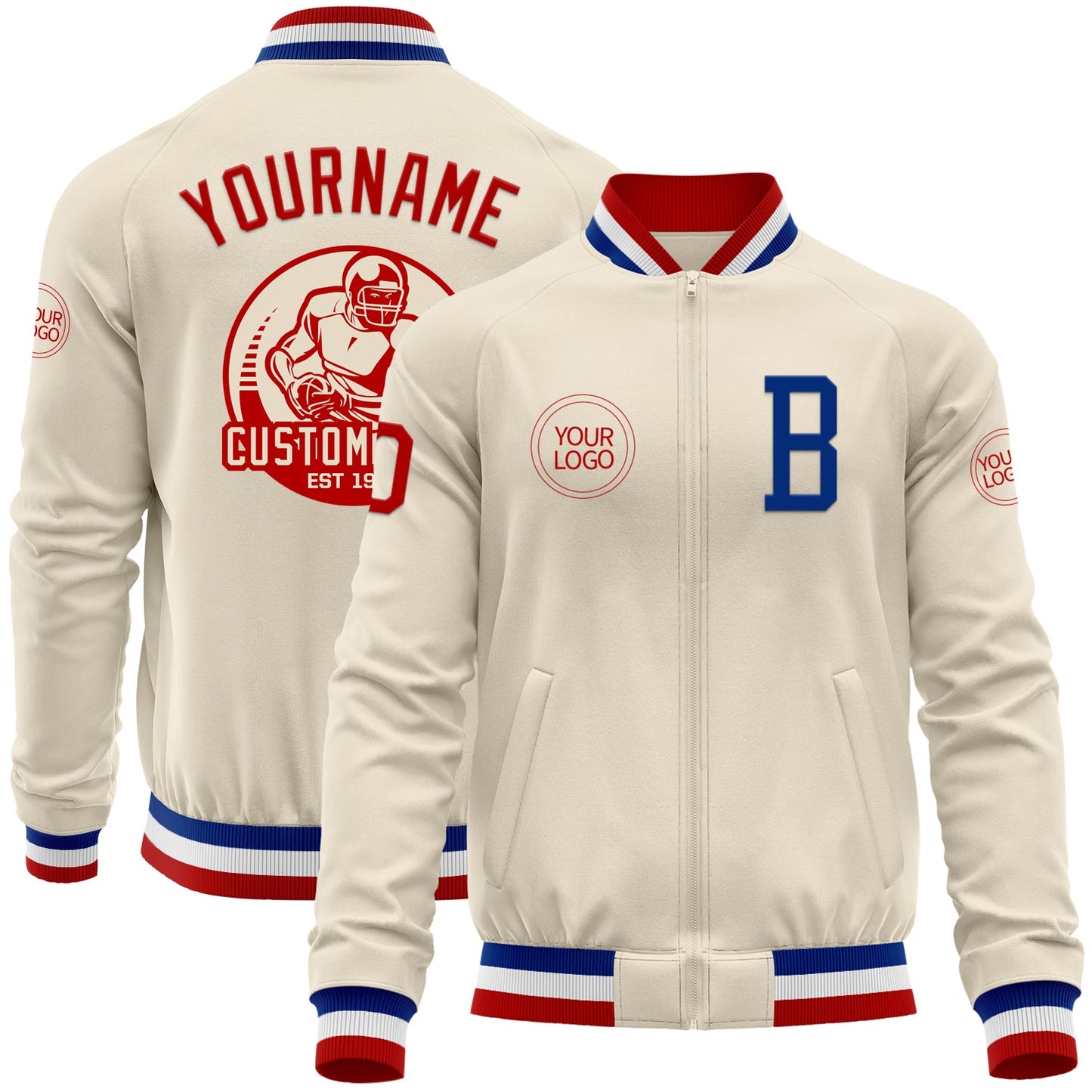 Custom Cream Red Royal-White Bomber Varsity Letterman Zipper Jacket - Main View