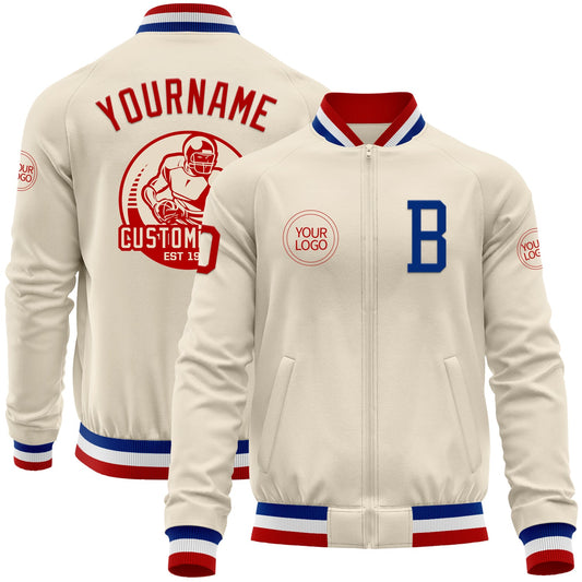 Custom Cream Red Royal-White Bomber Varsity Letterman Zipper Jacket - Main View