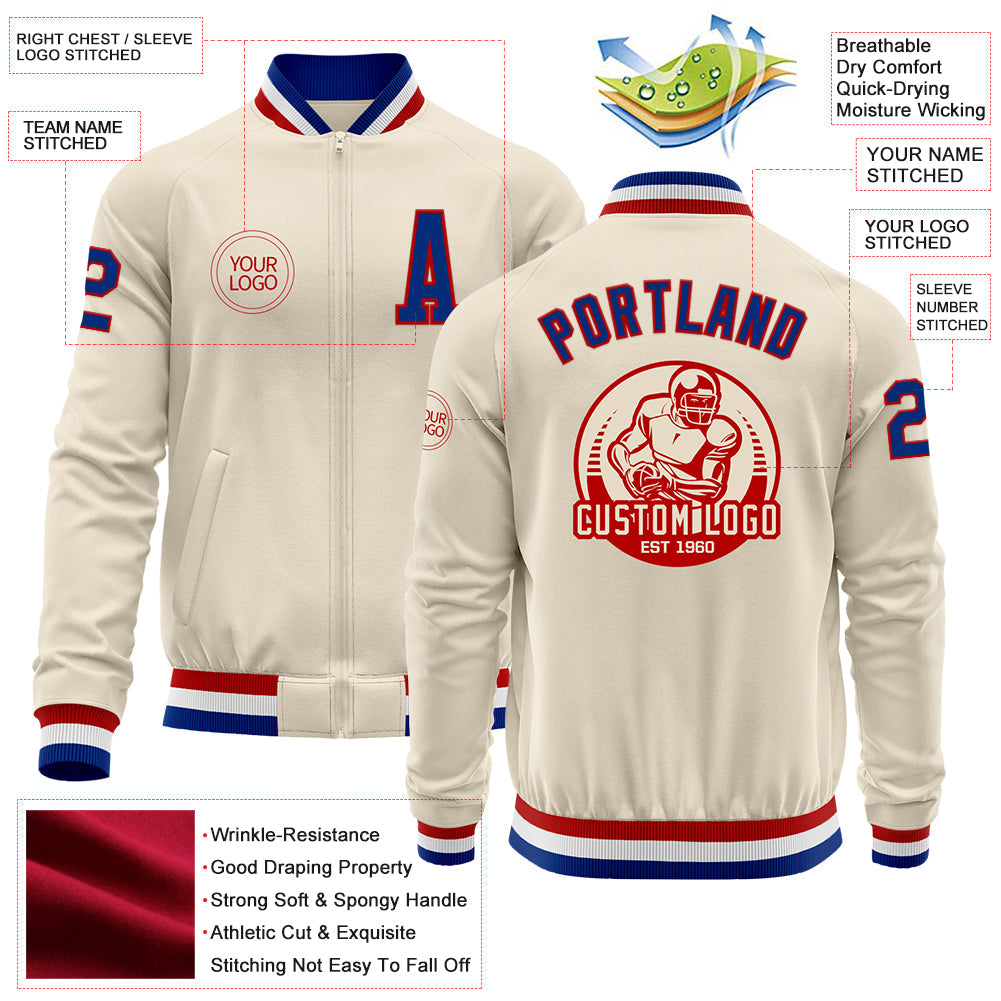 Custom Cream Royal Red-White Bomber Varsity Letterman Zipper Jacket view 4