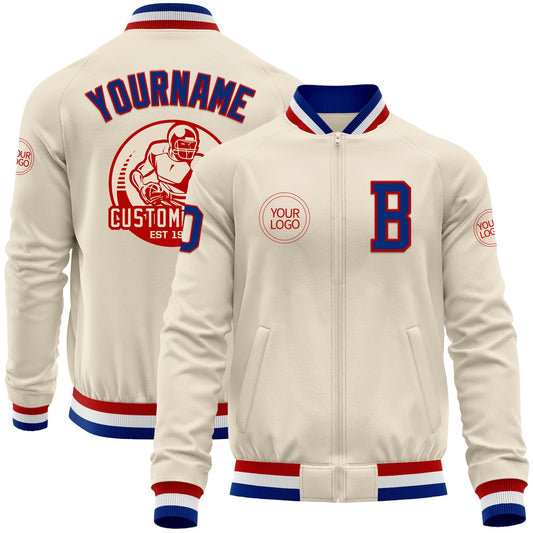 Custom Cream Royal Red-White Bomber Varsity Letterman Zipper Jacket - Main View
