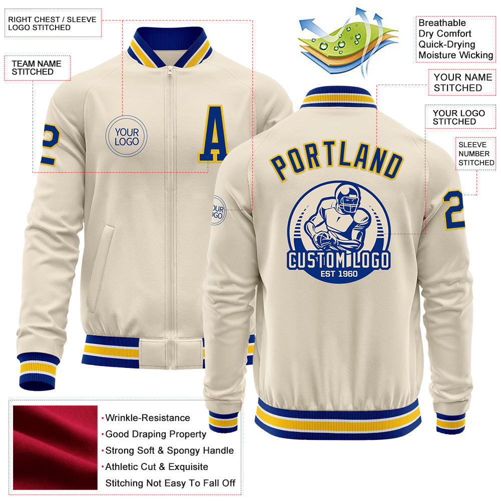 Custom Cream Royal Yellow-White Bomber Varsity Letterman Zipper Jacket view 4