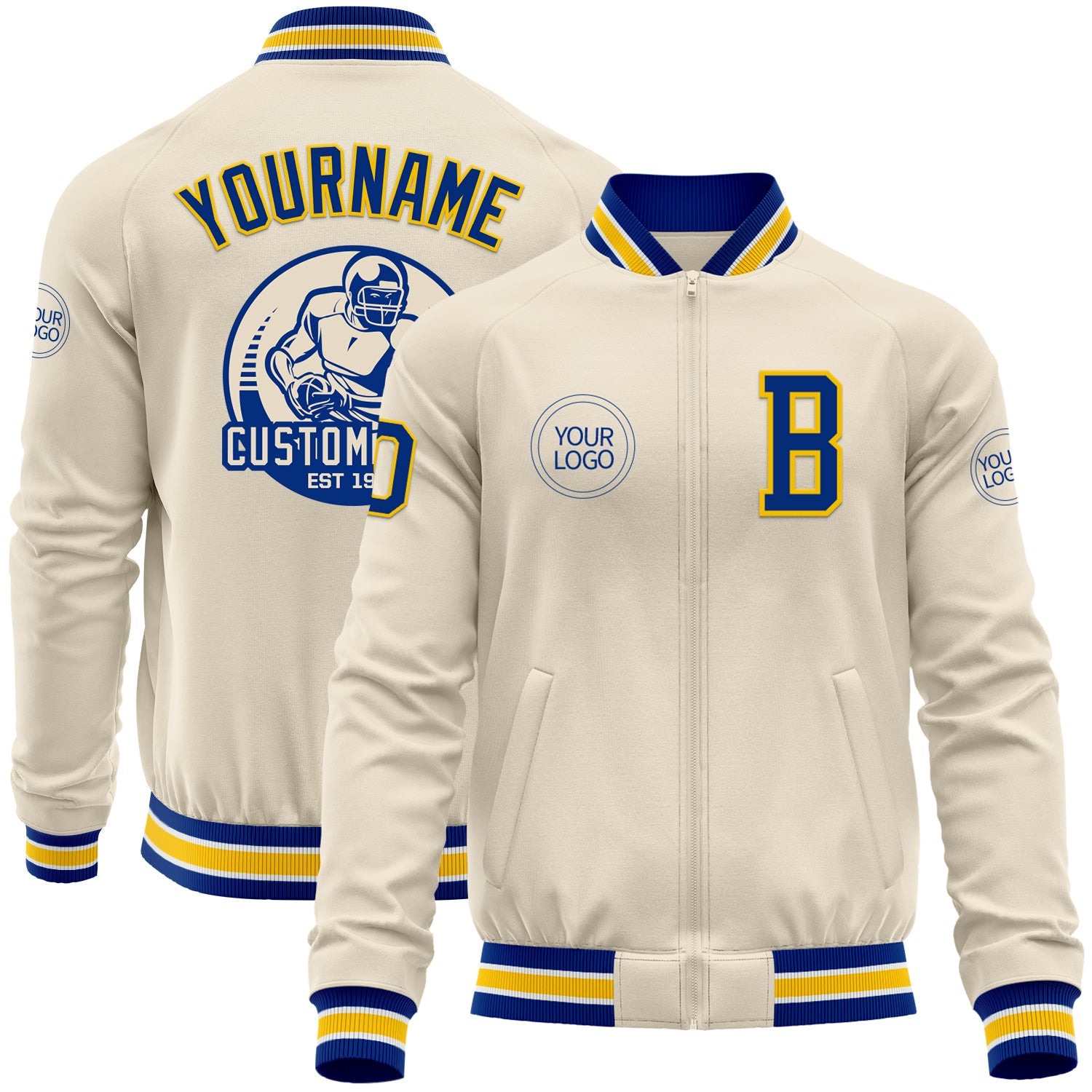 Custom Cream Royal Yellow-White Bomber Varsity Letterman Zipper Jacket - Main View