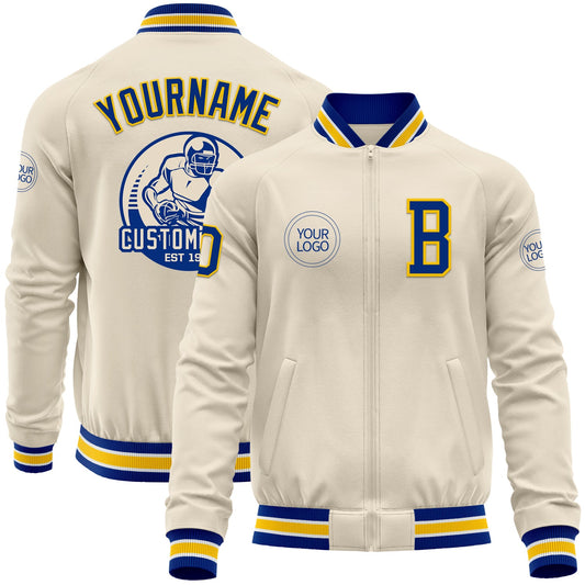Custom Cream Royal Yellow-White Bomber Varsity Letterman Zipper Jacket - Main View