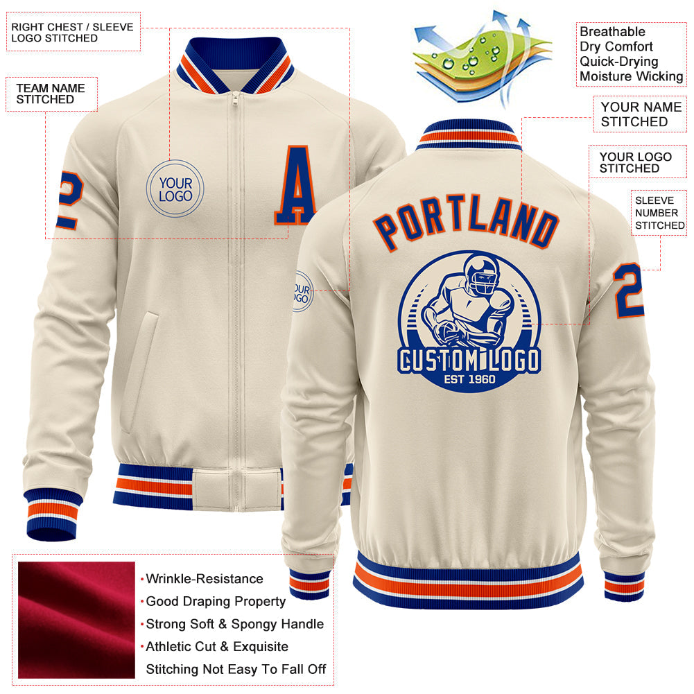 Custom Cream Royal Orange-White Bomber Varsity Letterman Zipper Jacket view 4