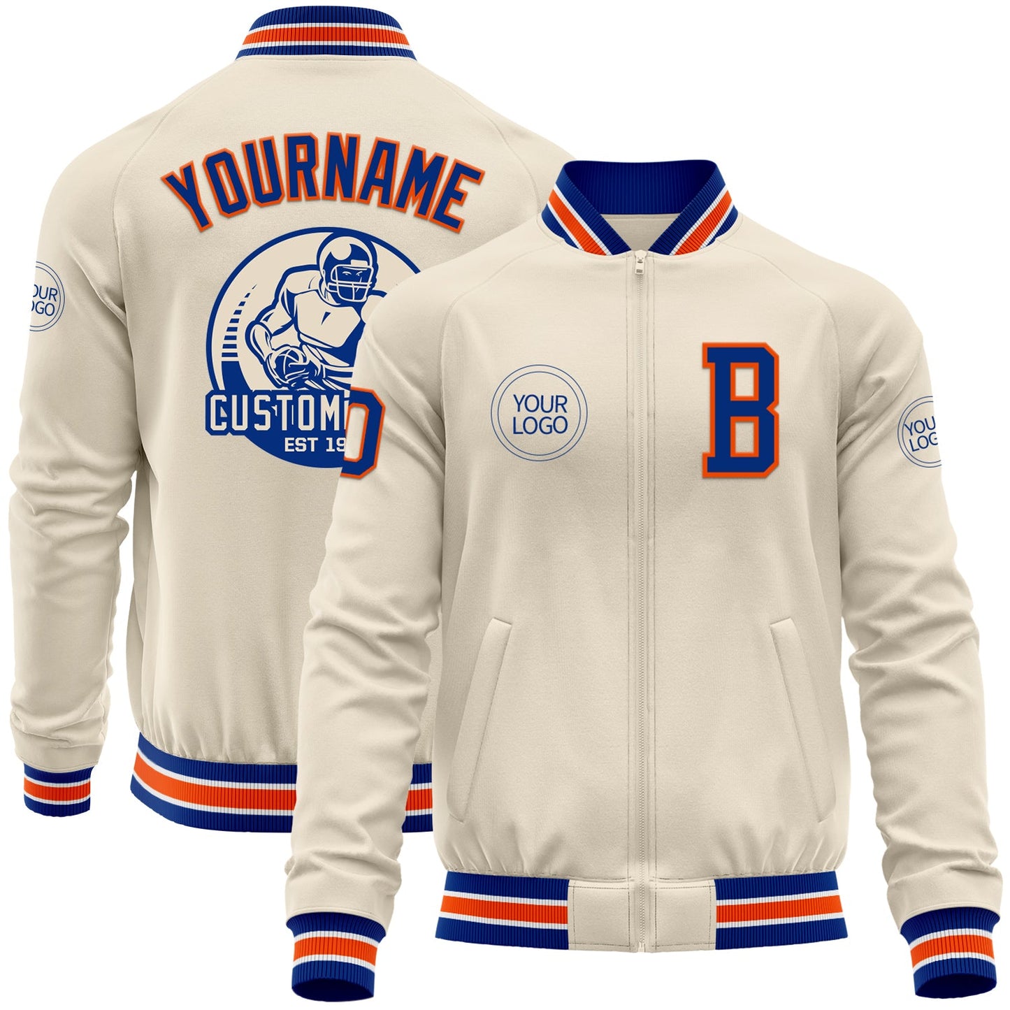 Custom Cream Royal Orange-White Bomber Varsity Letterman Zipper Jacket - Main View