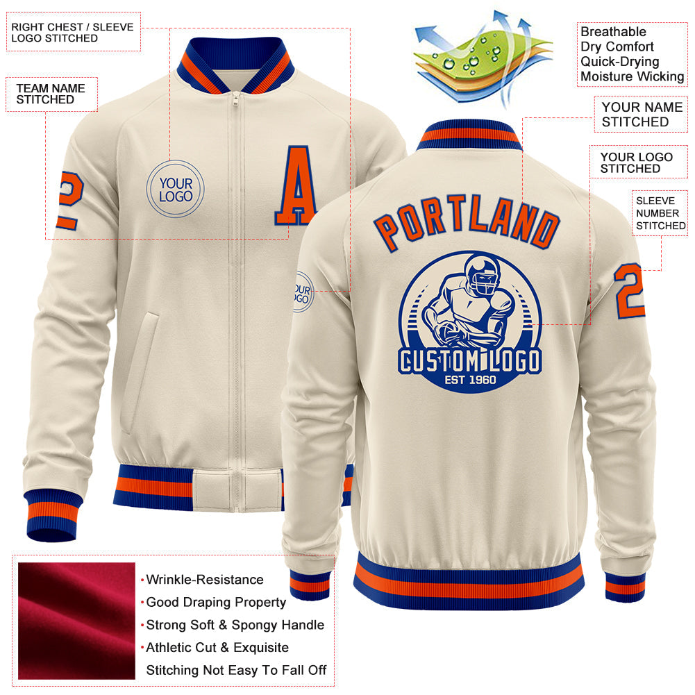 Custom Cream Royal-Orange Bomber Varsity Letterman Zipper Jacket view 4