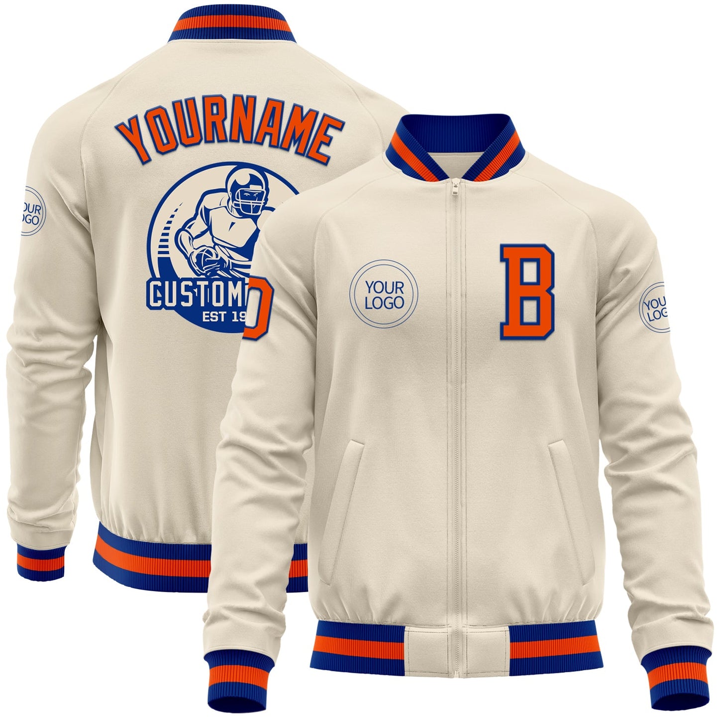 Custom Cream Royal-Orange Bomber Varsity Letterman Zipper Jacket - Main View