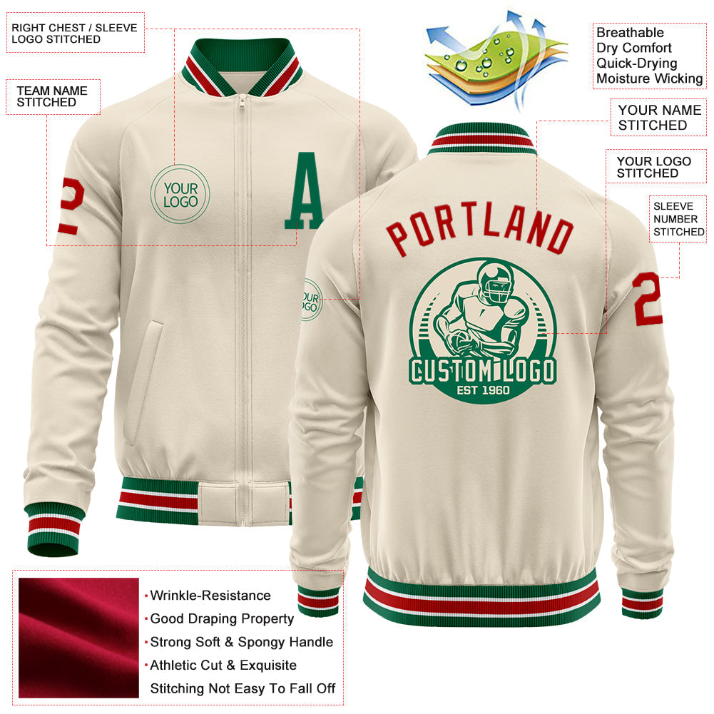 Custom Cream Red Kelly Green-White Bomber Varsity Letterman Zipper Jacket view 4