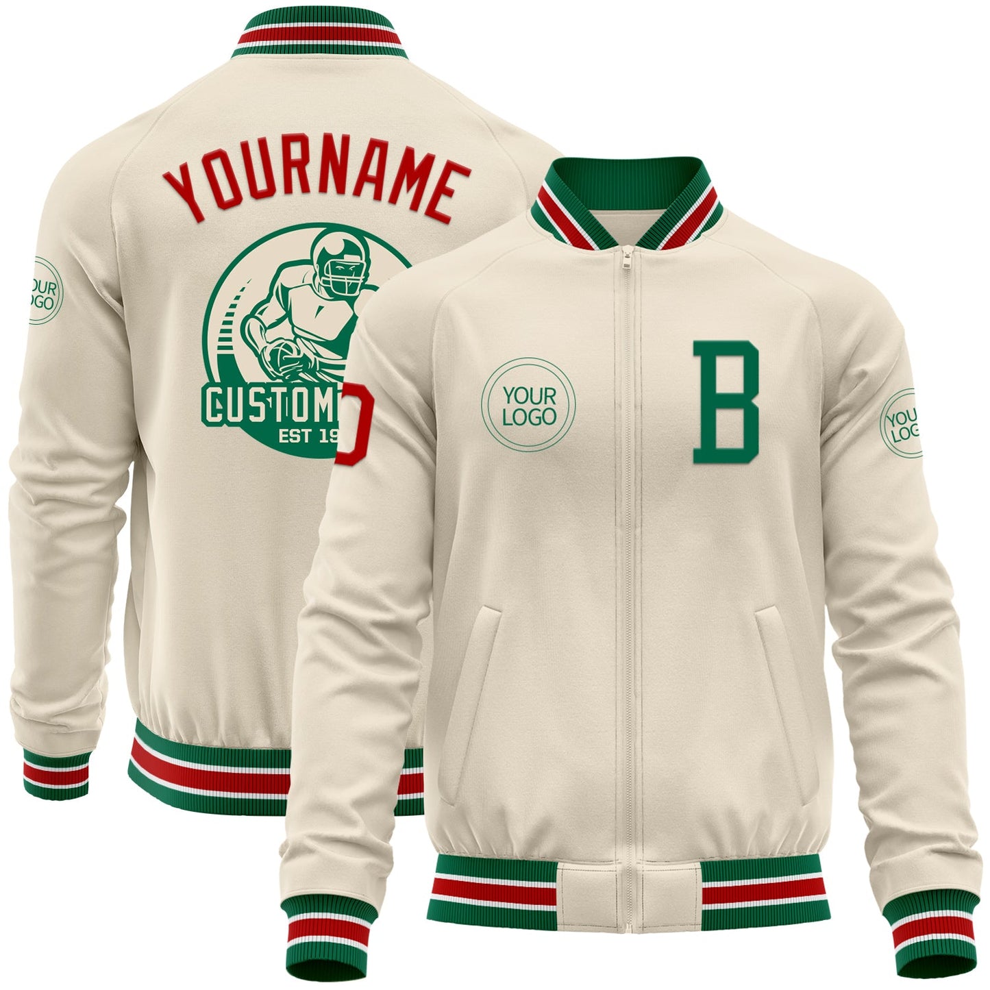 Custom Cream Red Kelly Green-White Bomber Varsity Letterman Zipper Jacket - Main View