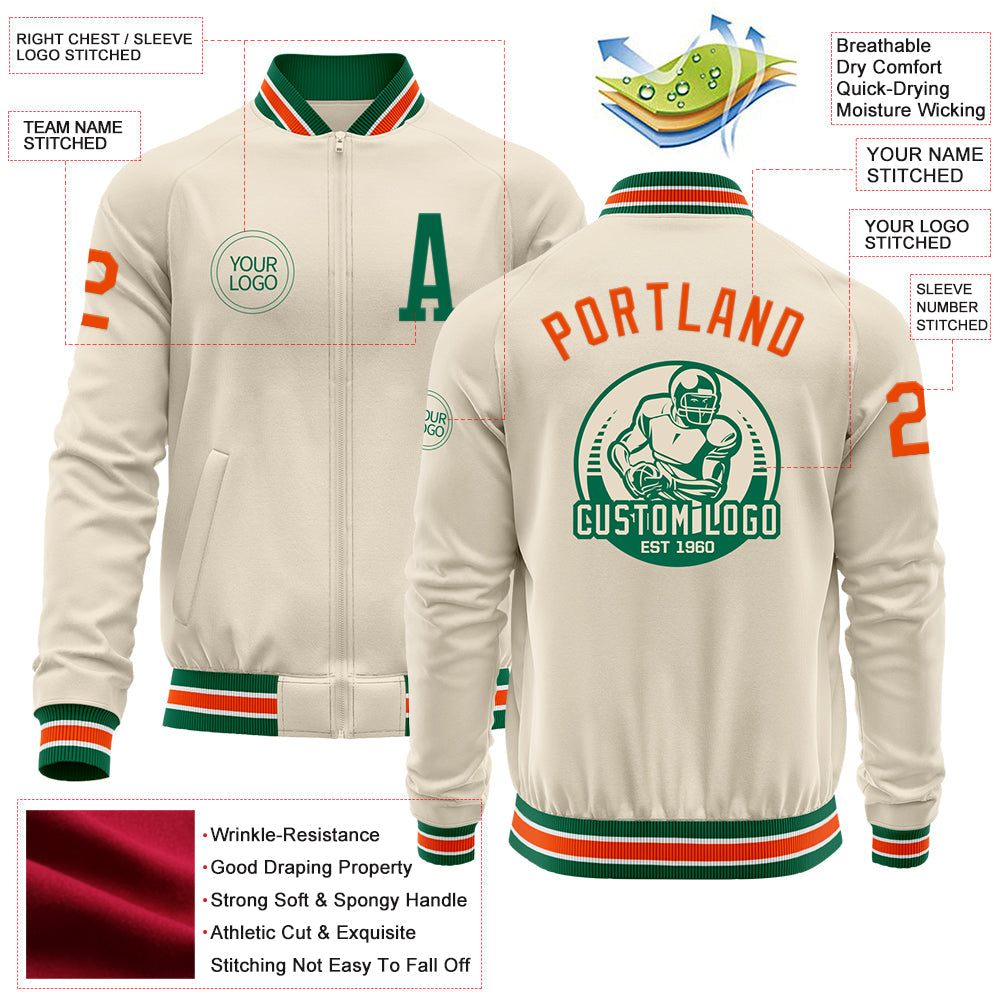 Custom Cream Orange Kelly Green-White Bomber Varsity Letterman Zipper Jacket view 4