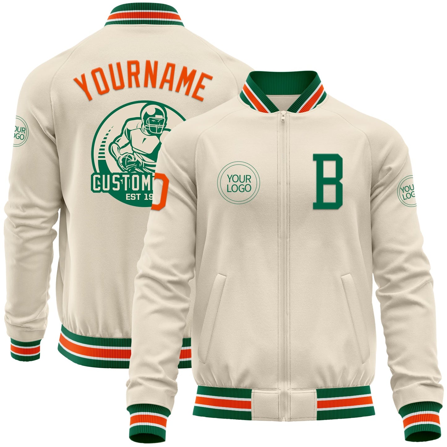 Custom Cream Orange Kelly Green-White Bomber Varsity Letterman Zipper Jacket - Main View