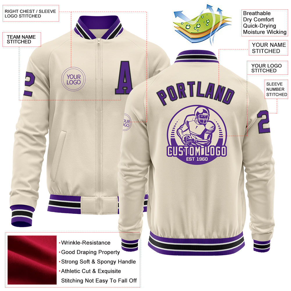 Custom Cream Purple Black-White Bomber Varsity Letterman Zipper Jacket view 4