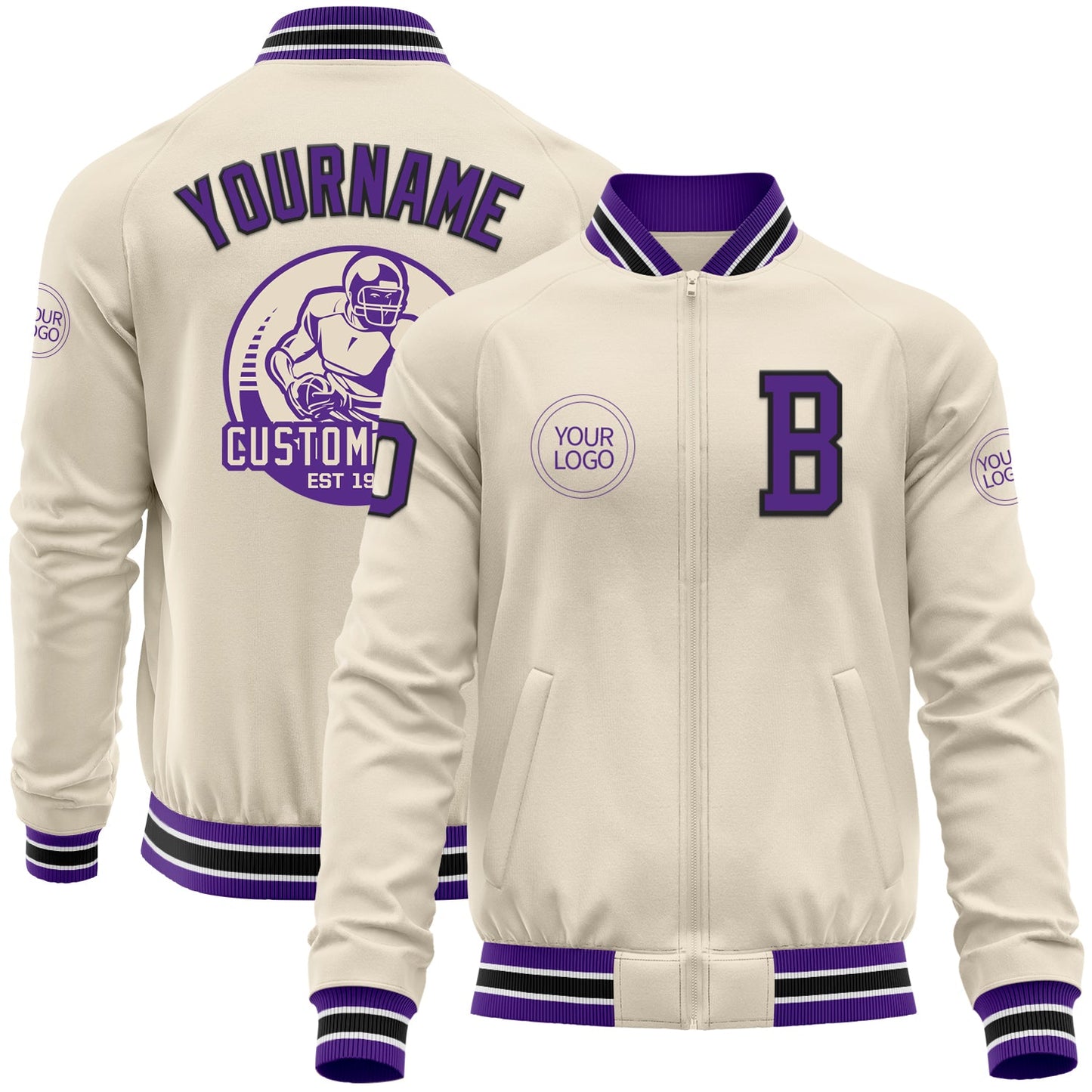 Custom Cream Purple Black-White Bomber Varsity Letterman Zipper Jacket - Main View