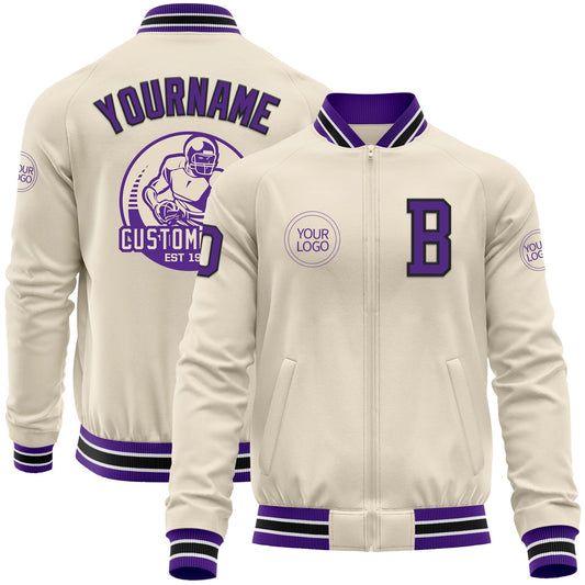 Custom Cream Purple Black-White Bomber Varsity Letterman Zipper Jacket - Main View