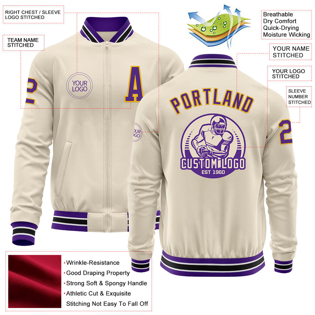 Custom Cream Purple Gold-White Bomber Varsity Letterman Zipper Jacket view 4