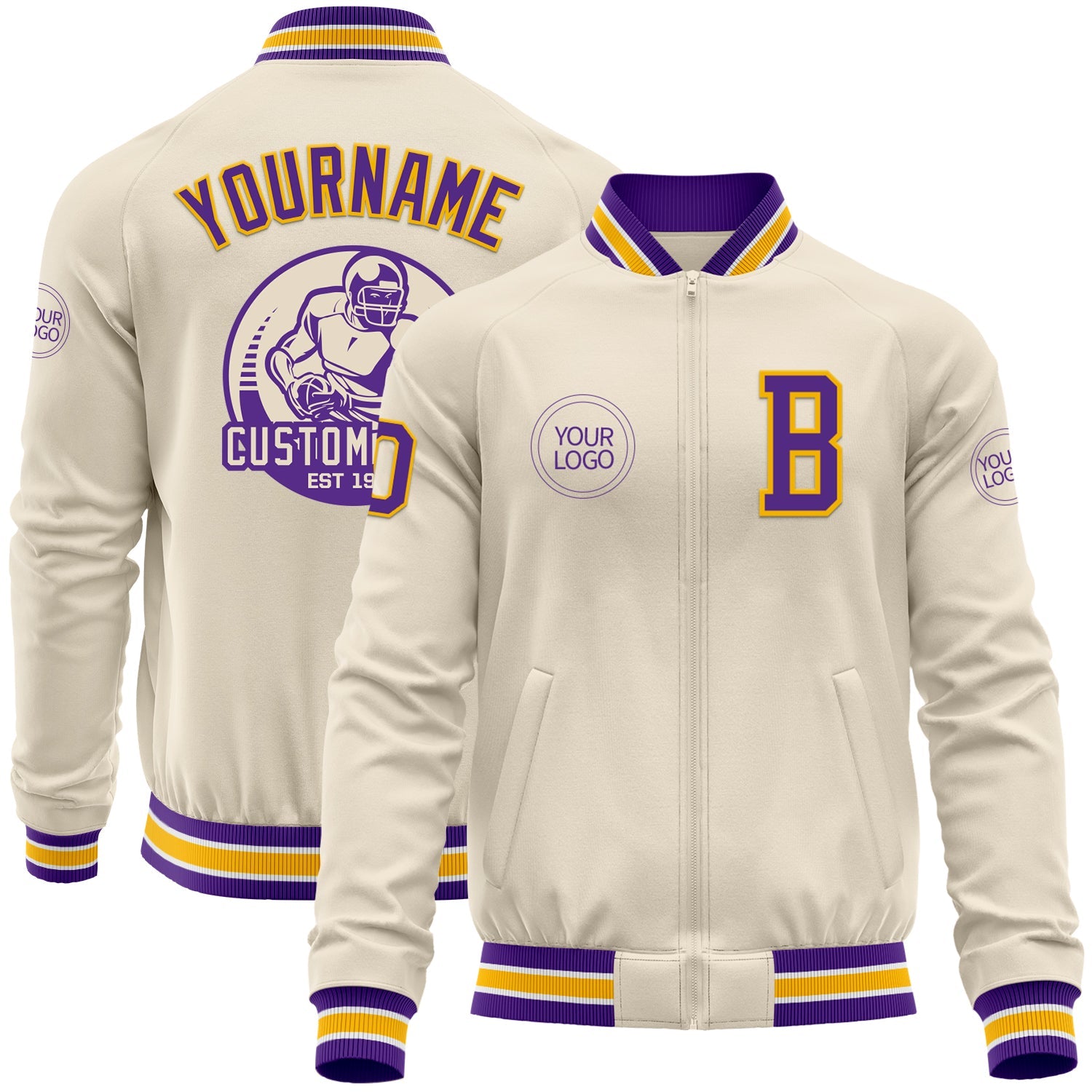 Custom Cream Purple Gold-White Bomber Varsity Letterman Zipper Jacket - Main View