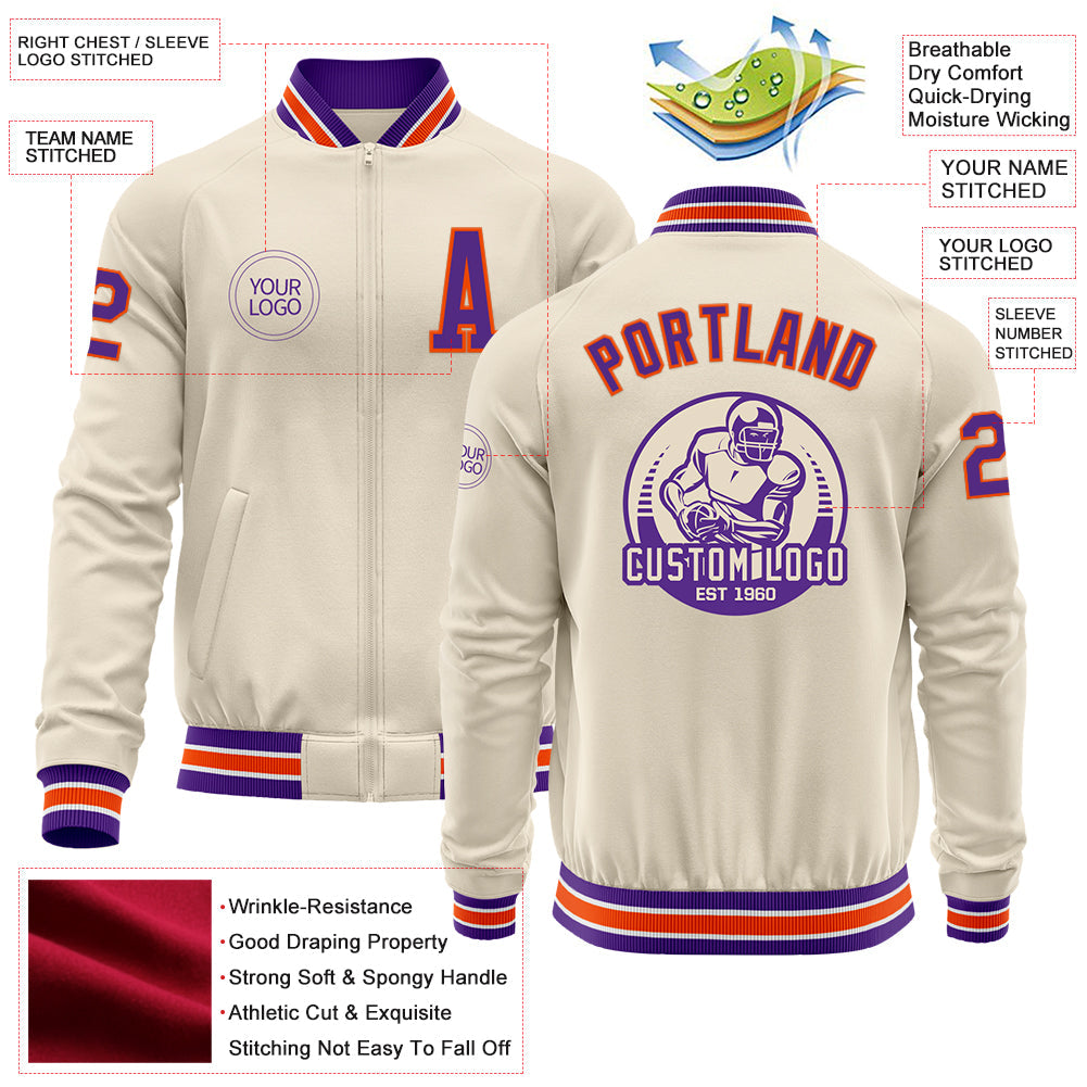 Custom Cream Purple Orange-White Bomber Varsity Letterman Zipper Jacket view 4