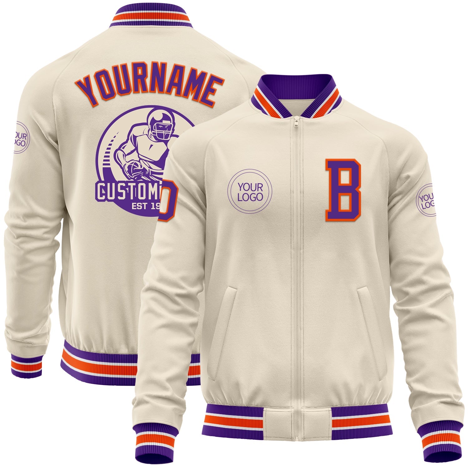 Custom Cream Purple Orange-White Bomber Varsity Letterman Zipper Jacket - Main View