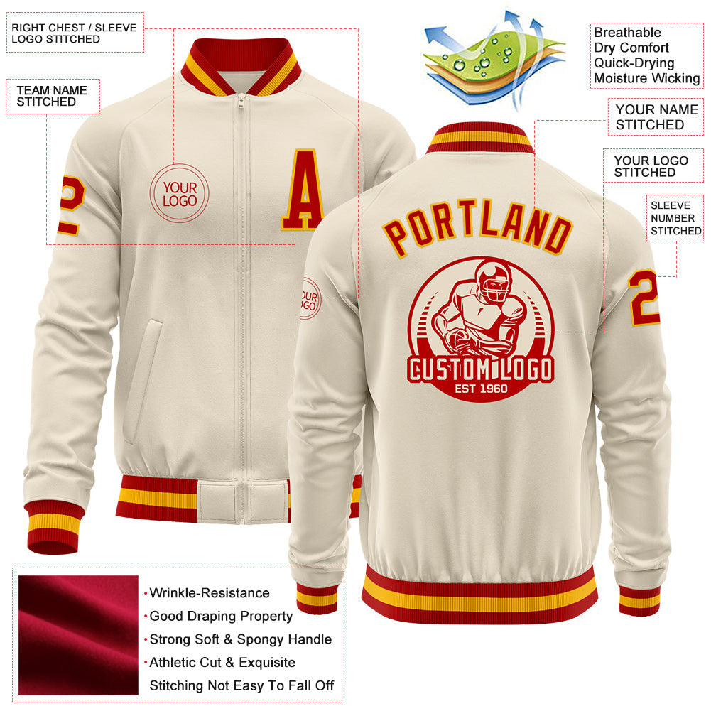 Custom Cream Red-Gold Bomber Varsity Letterman Zipper Jacket view 4