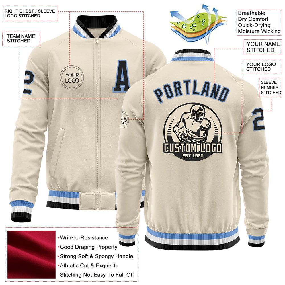 Custom Cream Black Light Blue-White Bomber Varsity Letterman Zipper Jacket view 4