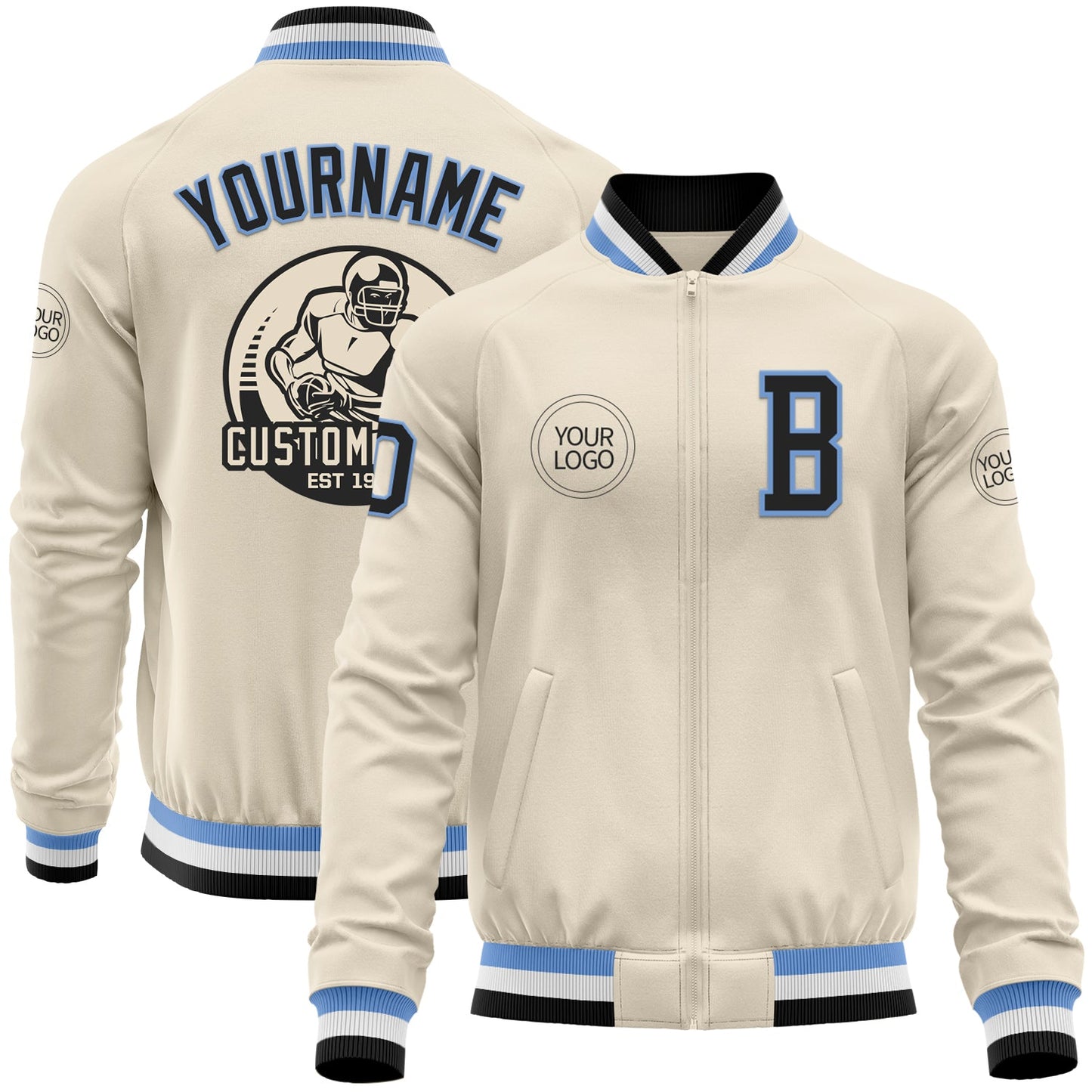 Custom Cream Black Light Blue-White Bomber Varsity Letterman Zipper Jacket - Main View