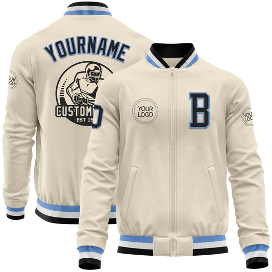 Custom Cream Black Light Blue-White Bomber Varsity Letterman Zipper Jacket - Main View