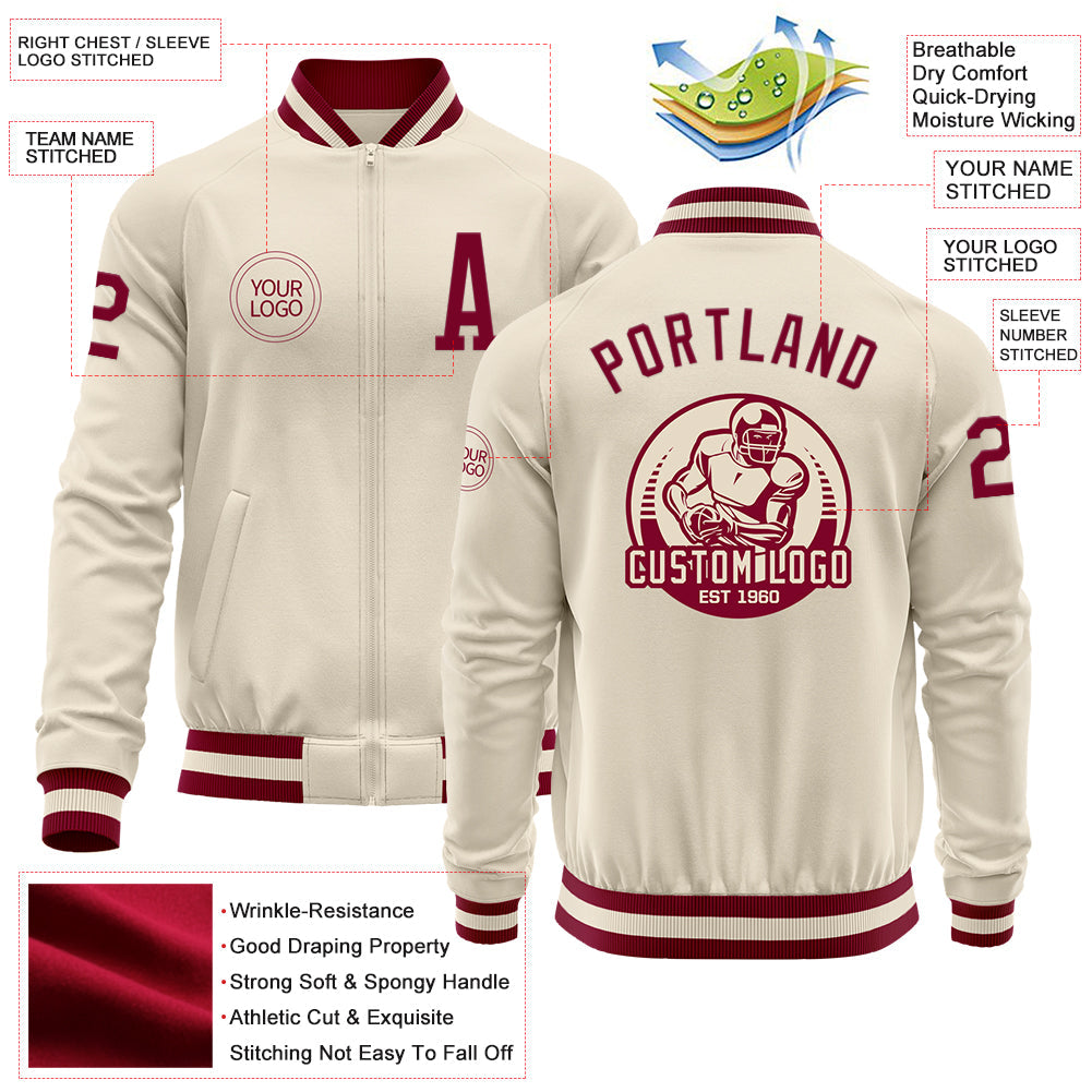 Custom Cream Maroon Bomber Varsity Letterman Zipper Jacket view 4