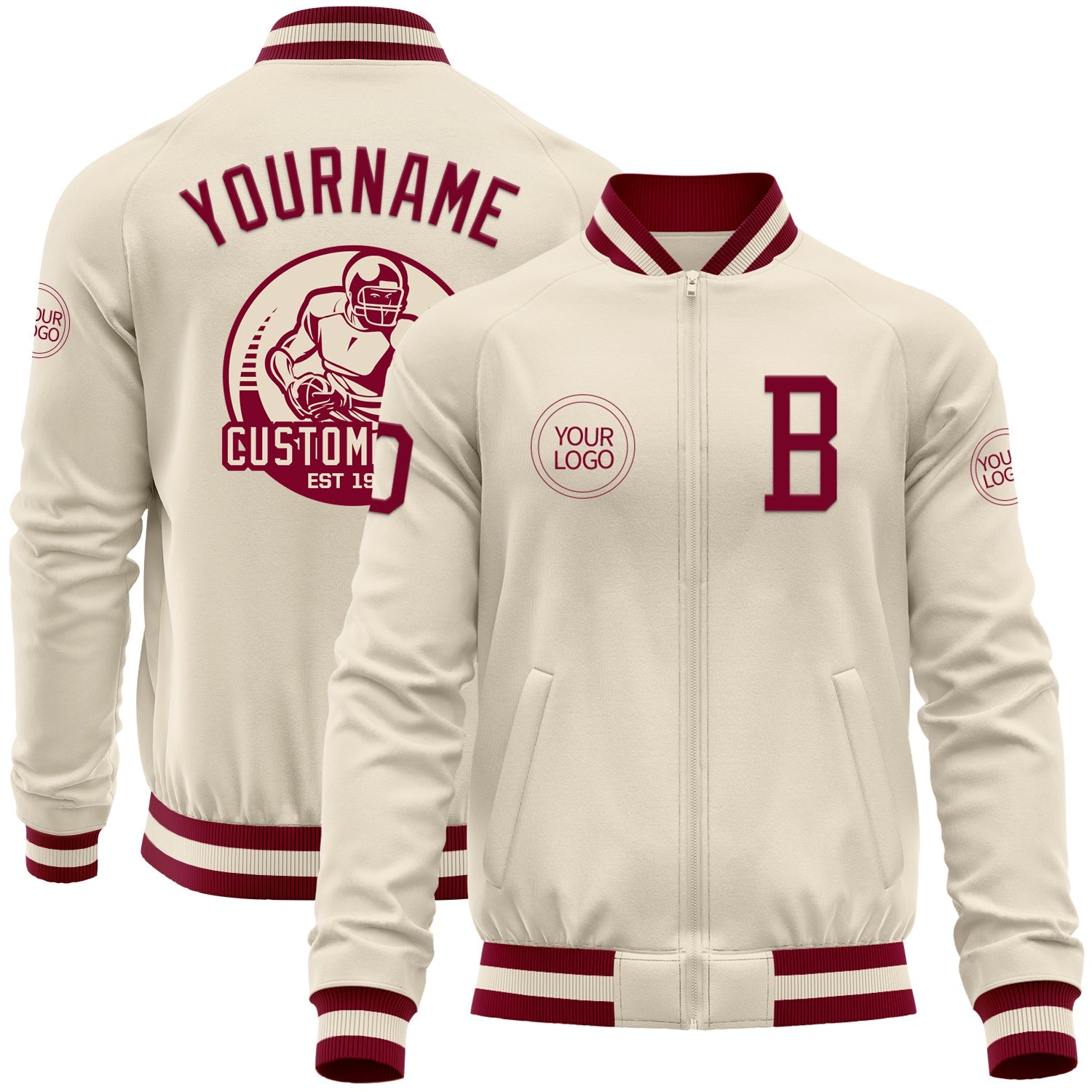 Custom Cream Maroon Bomber Varsity Letterman Zipper Jacket - Main View