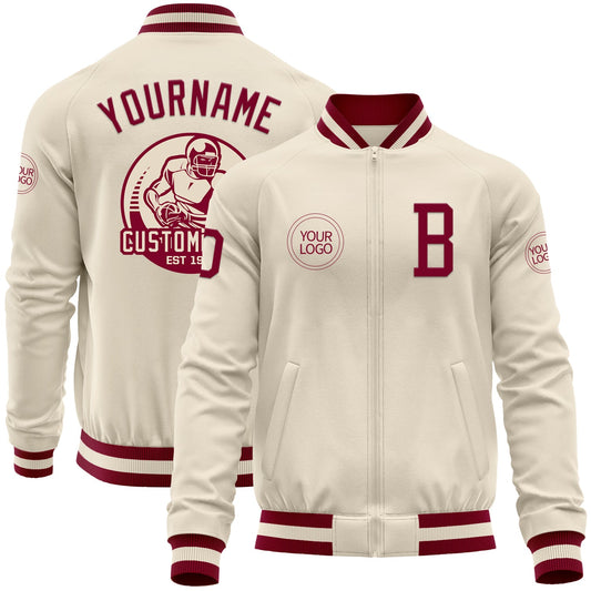 Custom Cream Maroon Bomber Varsity Letterman Zipper Jacket - Main View