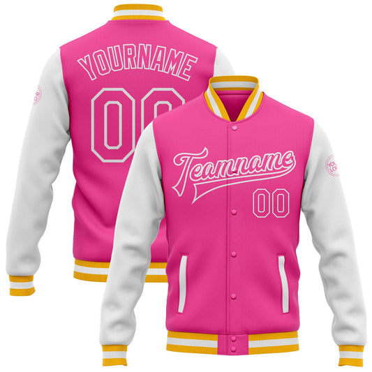 Custom Pink Gold-White Bomber Full-Snap Varsity Letterman Two Tone Jacket - Main View