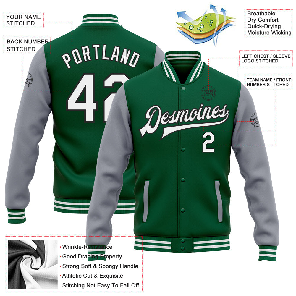 Custom Kelly Green White Gray-Black Bomber Full-Snap Varsity Letterman Two Tone Jacket view 4