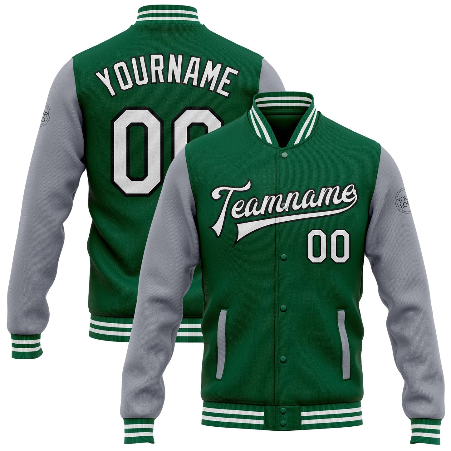 Custom Kelly Green White Gray-Black Bomber Full-Snap Varsity Letterman Two Tone Jacket - Main View