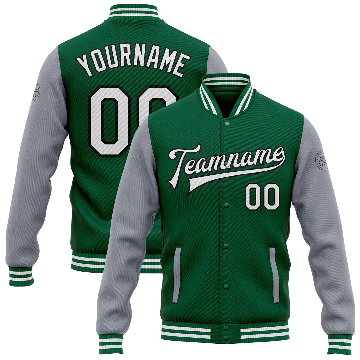 Custom Kelly Green White Gray-Black Bomber Full-Snap Varsity Letterman Two Tone Jacket - Main View