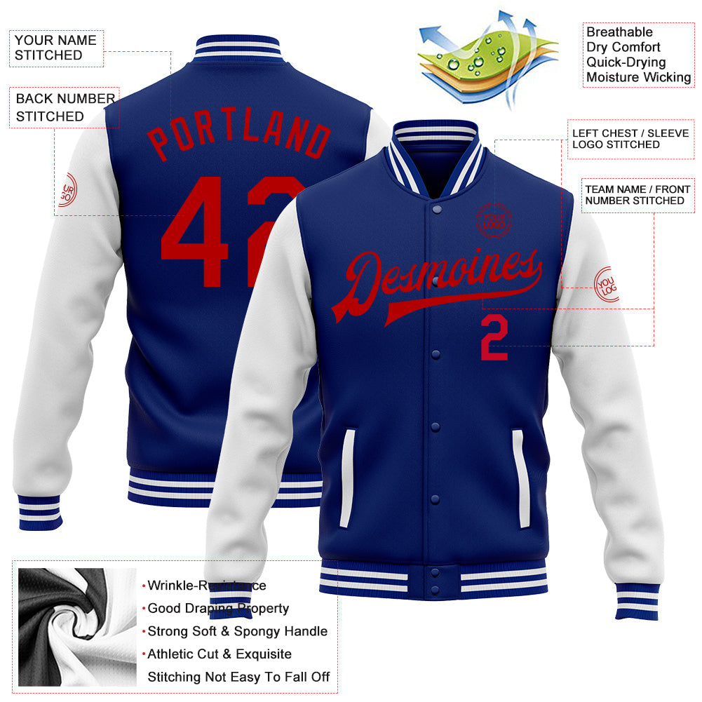 Custom Royal Red-White Bomber Full-Snap Varsity Letterman Two Tone Jacket view 4