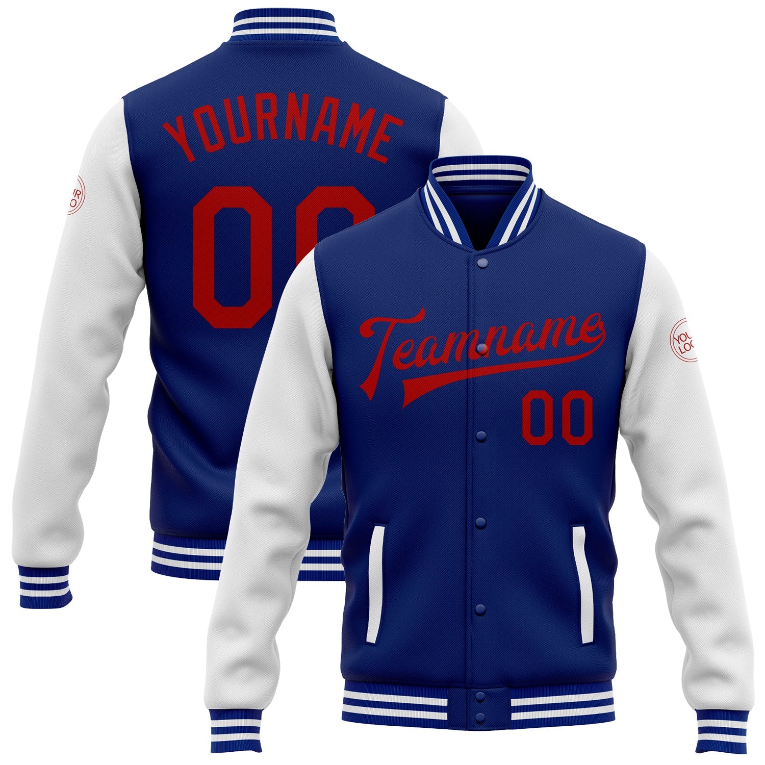 Custom Royal Red-White Bomber Full-Snap Varsity Letterman Two Tone Jacket - Main View