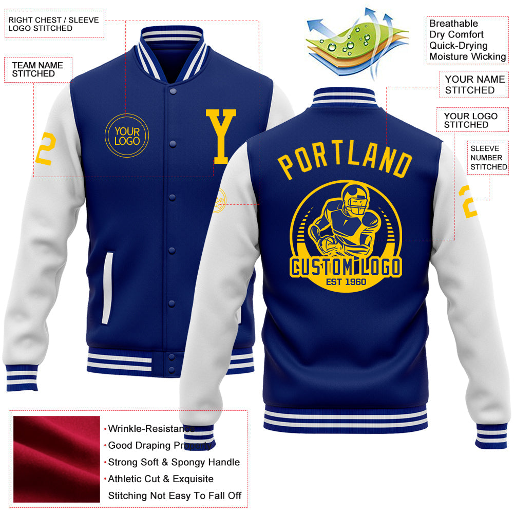 Custom Royal Yellow-White Bomber Full-Snap Varsity Letterman Two Tone Jacket view 4