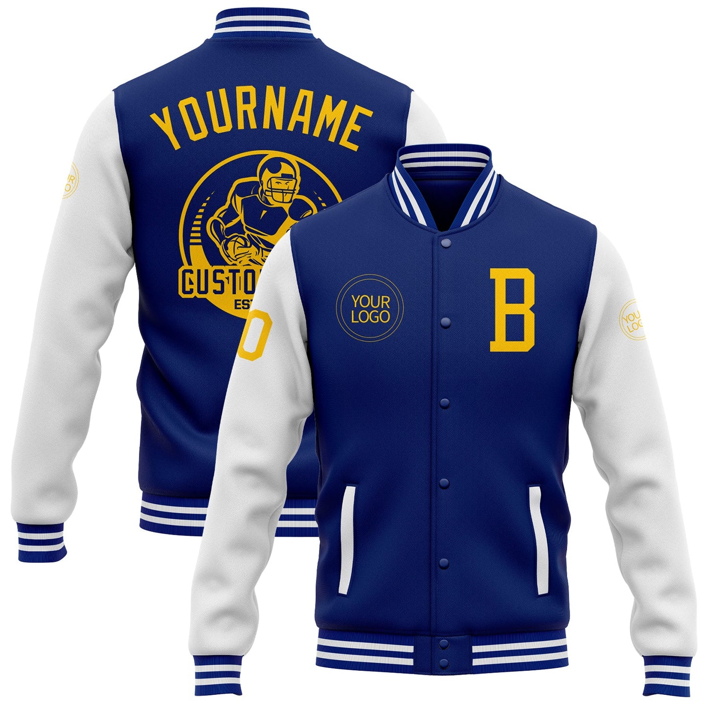 Custom Royal Yellow-White Bomber Full-Snap Varsity Letterman Two Tone Jacket - Main View