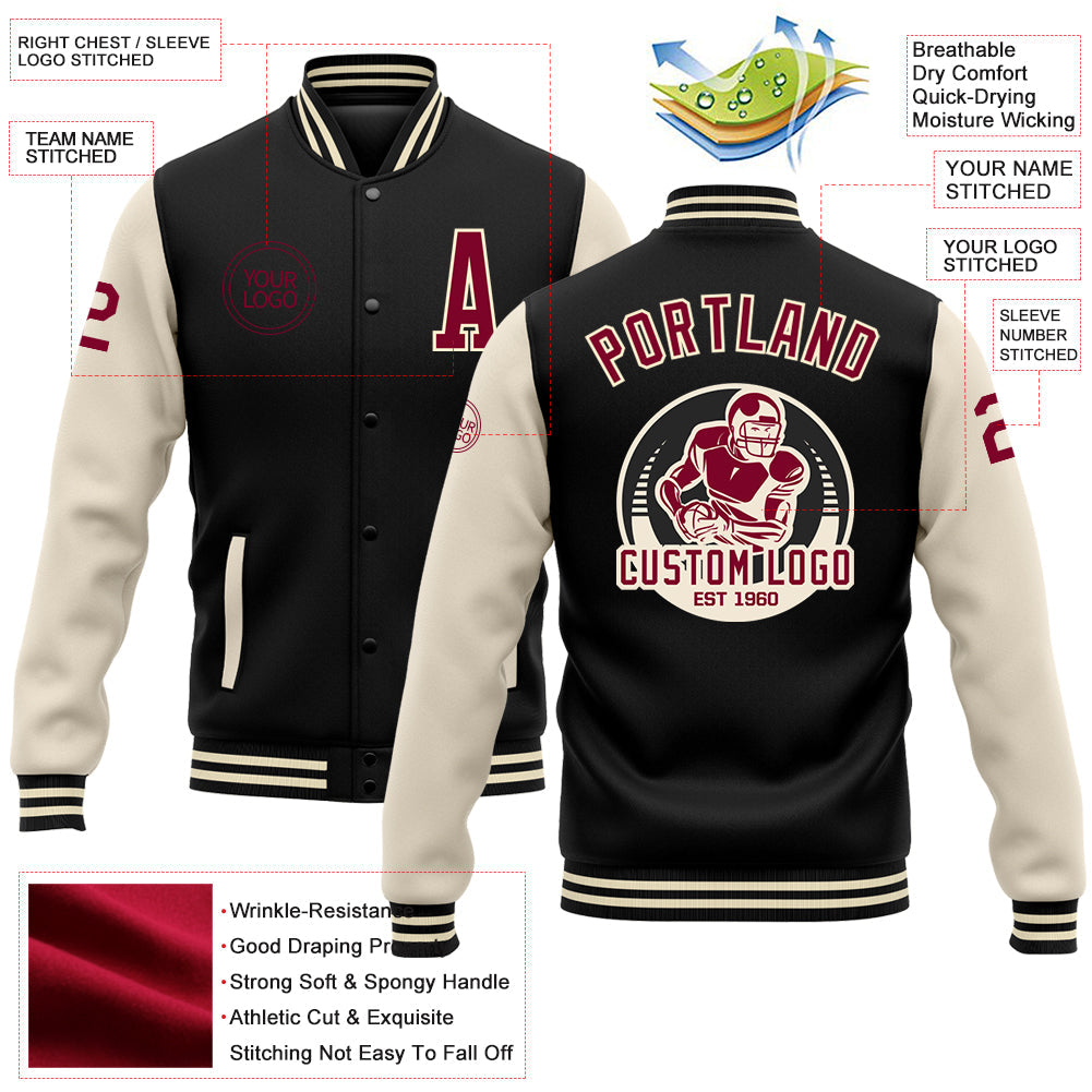 Custom Black Maroon-Cream Bomber Full-Snap Varsity Letterman Two Tone Jacket view 4
