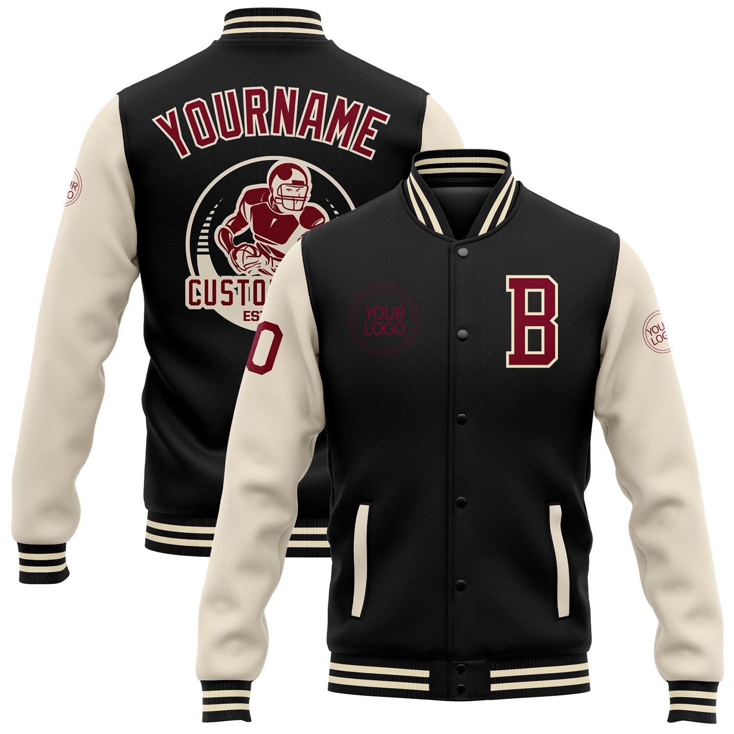 Custom Black Maroon-Cream Bomber Full-Snap Varsity Letterman Two Tone Jacket - Main View