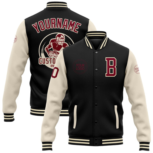 Custom Black Maroon-Cream Bomber Full-Snap Varsity Letterman Two Tone Jacket - Main View