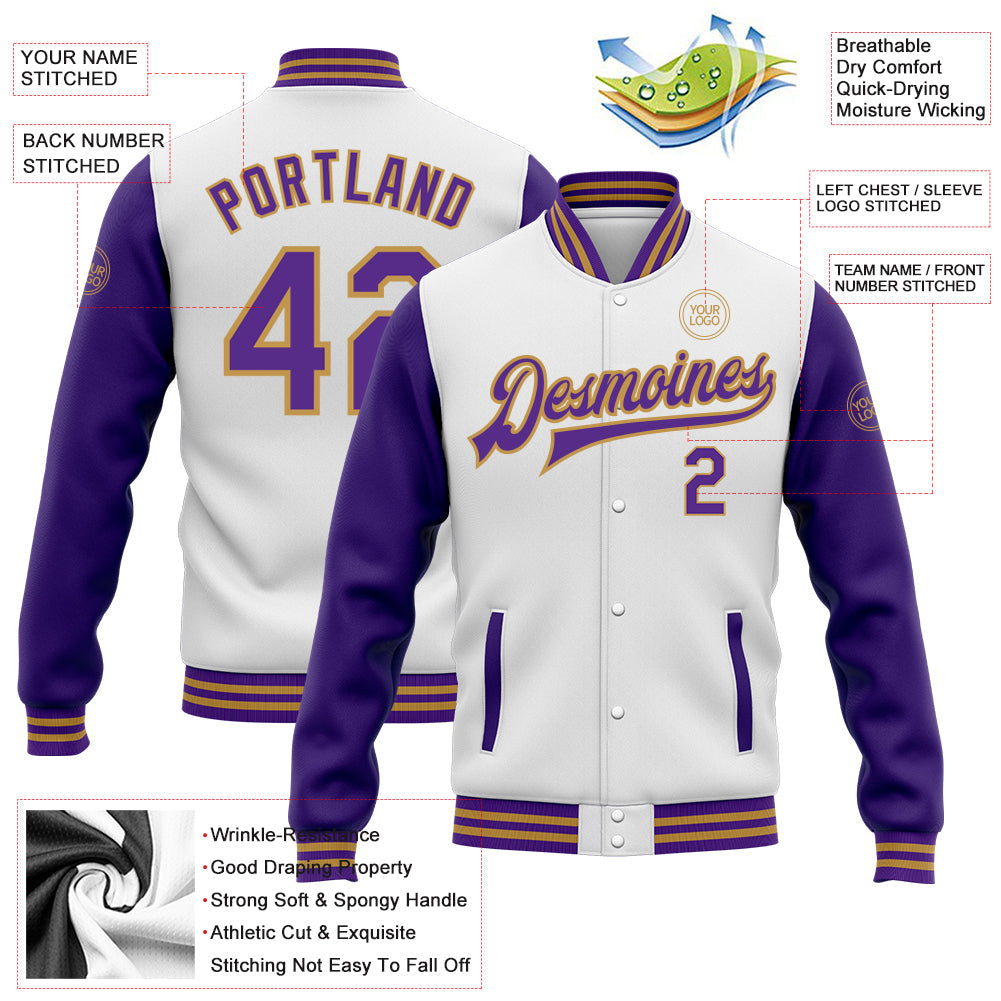 Custom White Purple-Old Gold Bomber Full-Snap Varsity Letterman Two Tone Jacket view 4